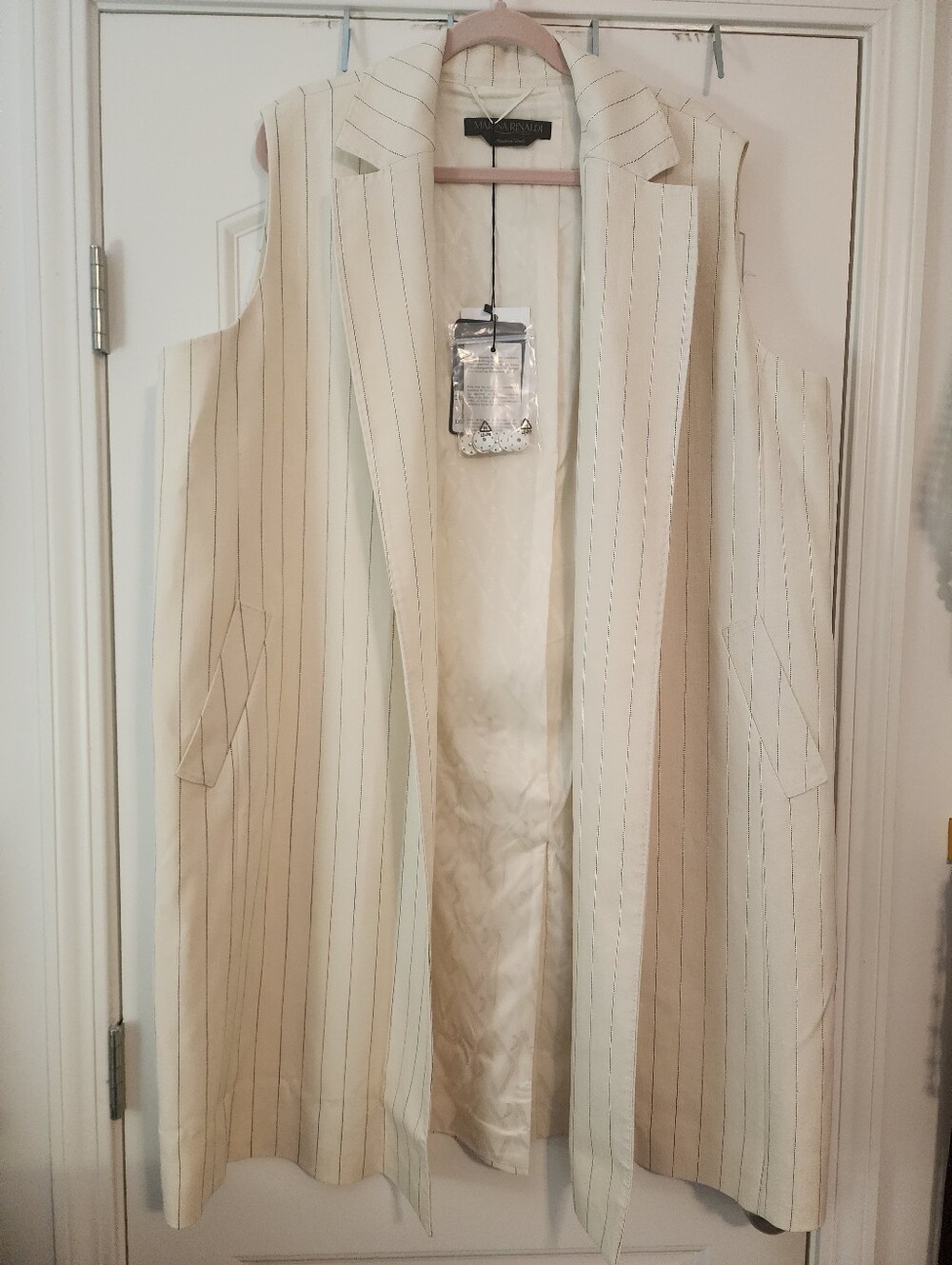 Marina Rinaldi NWT Cream Pinstripe Sleeveless Longline Vest 20 $995 Quiet Luxury